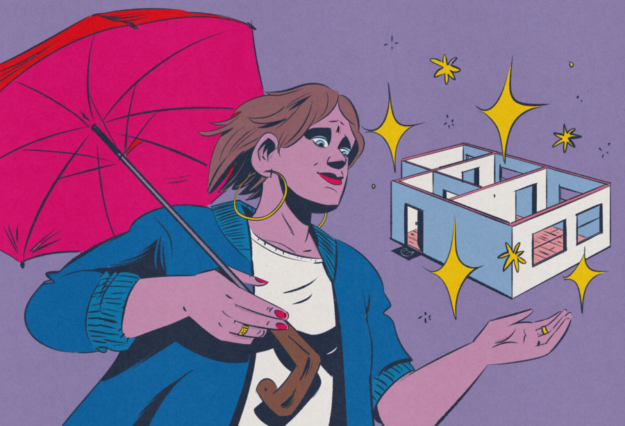 Illustration von Maik Banks. Eine Person mit blauer Jacke, Ohrringen und rot lackierten Fingernägeln hält einen roten Regenschirm und blickt auf den Umriss einer leeren Wohnung.