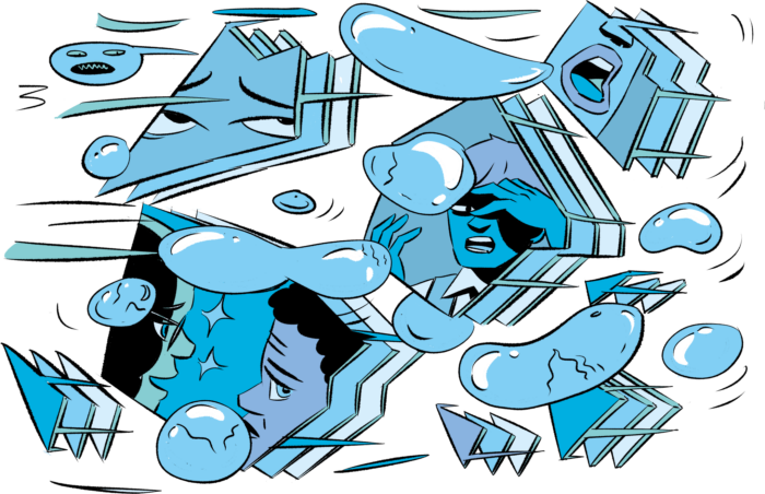 Man sieht gemalte Gesichter und Scherben und Wassertropfen.