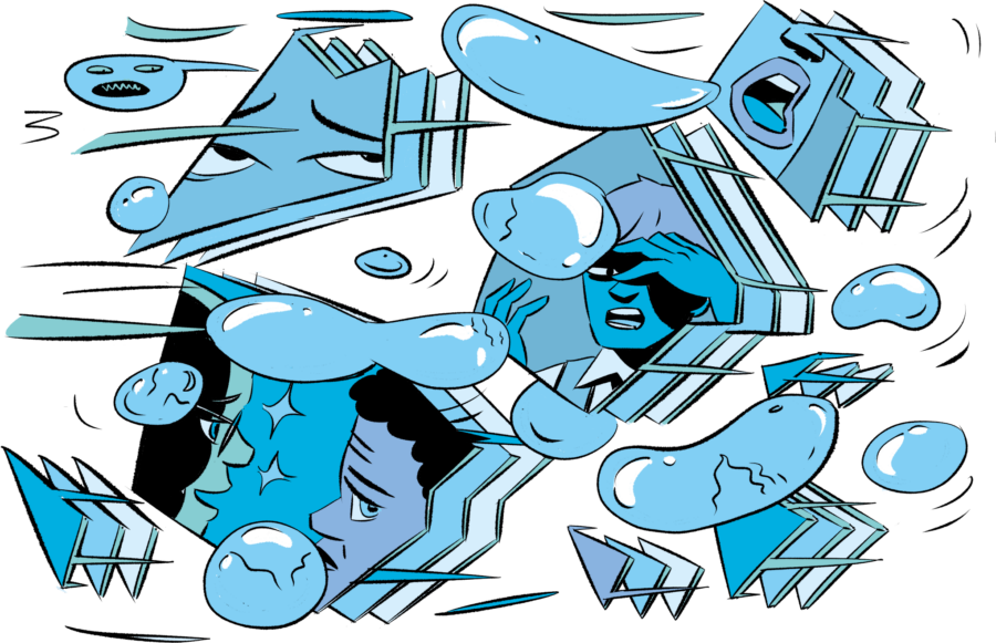 Man sieht gemalte Gesichter und Scherben und Wassertropfen.