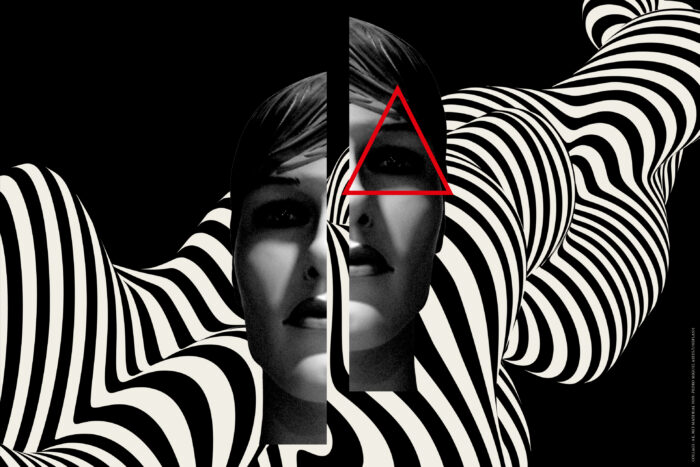 Zwei Gesichtshälften, etwas in der Höhe versetzt; dazu zebrafarbene Gebilde, die sich von den Hälften entfernen.