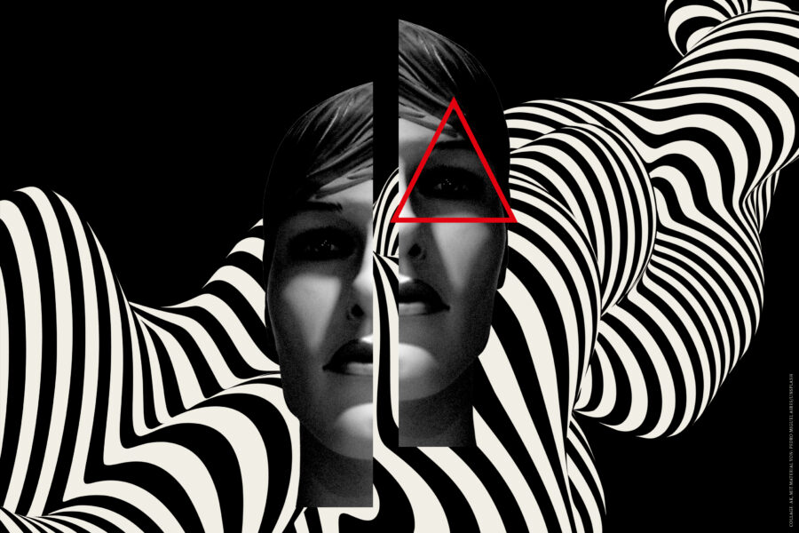 Zwei Gesichtshälften, etwas in der Höhe versetzt; dazu zebrafarbene Gebilde, die sich von den Hälften entfernen.