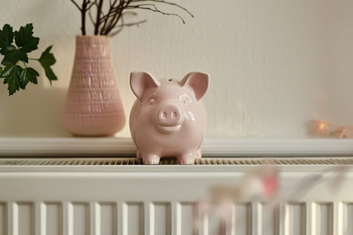 Ein Sparschwein auf einer Heizung.