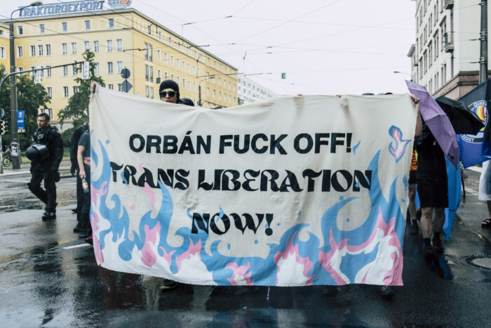 Man sieht ein Transpi, auf dem steht: Orban Fuck Off! Trans Liberation now!