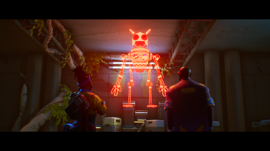 Das Bild zeigt eine Szene aus dem Videospiel Relooted. Zwei Heldenfigurien des Spiels stehen vor einem Haufen mit Kisten, die offenbar von einem Roboter-Hologramm bewacht werden