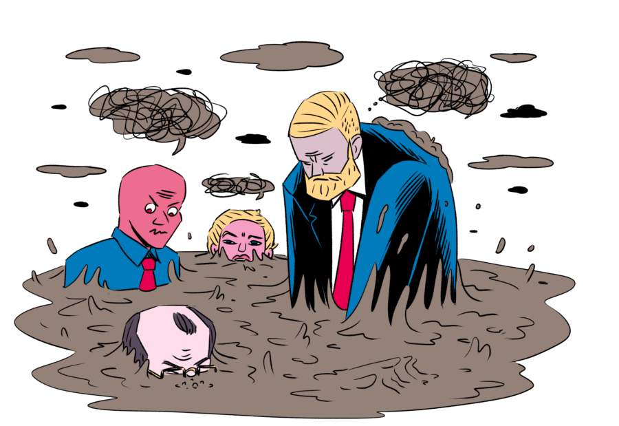 Zeichnung mehrerer Gestalten in Anzug, die in einem braunen Sumpf versinken