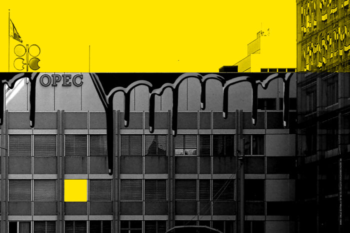 Die Illustration zeigt ein Gebäude mit der Aufschrift OPEC vor einem gelb colorierten Himmel.