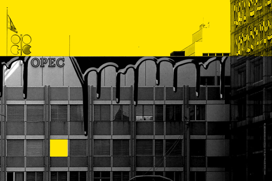 Die Illustration zeigt ein Gebäude mit der Aufschrift OPEC vor einem gelb colorierten Himmel.