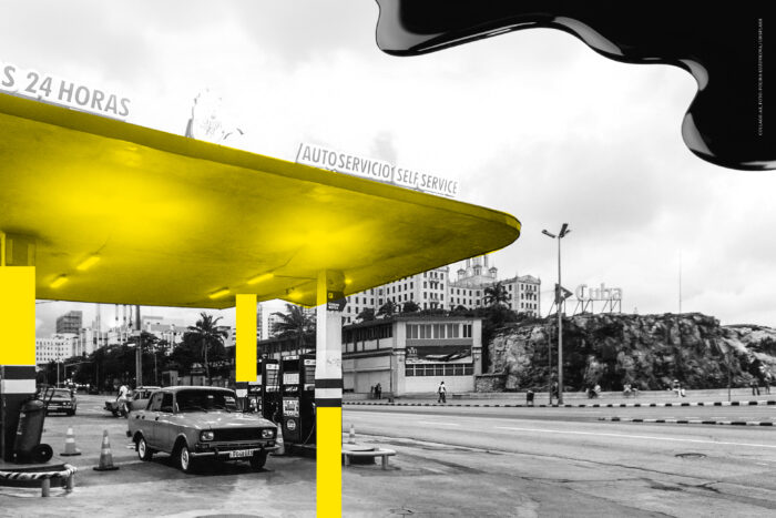 Die Illustration zeigt eine Tankstelle in Havanna/Kuba. Das Bild ist schwarz weiß, nur das Gebäude der Tankstelle ist in einem hellen Gelb coloriert