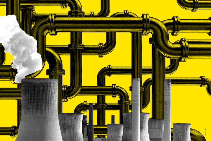 Zu sehen ist ein Labyrint aus Industrieröhren vor einem gelben Hintergrund. Am unteren Rand der Illustration ragen Industrietürme in den gelben Himmel, aus denen Rauch aufsteigt