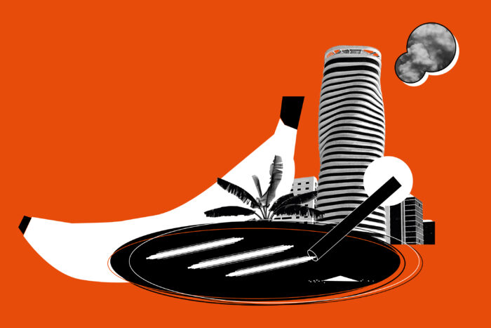 Illustration einer Banane, eines Tabletts mit Koks, einem Hochhaus