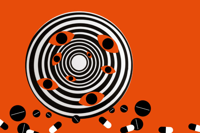 Illustration eines kreises mit hypnotischen Mustern und Augen. Darunter unterschiedliche Pillen