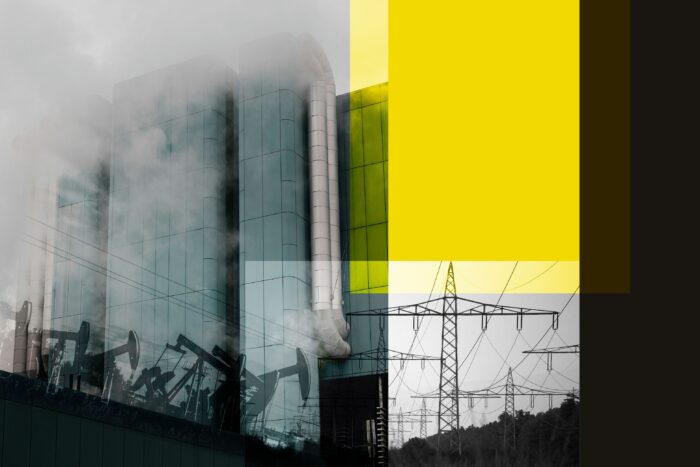 Collage aus bedrohlichen Gebäuden, Öl-Pumpen, Stromleitungen