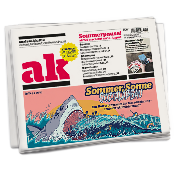 Titelseite von ak 727 mit der Zeichnung eines großen Hais, daneben steht: Sommer, Sonne, Sozialabbau