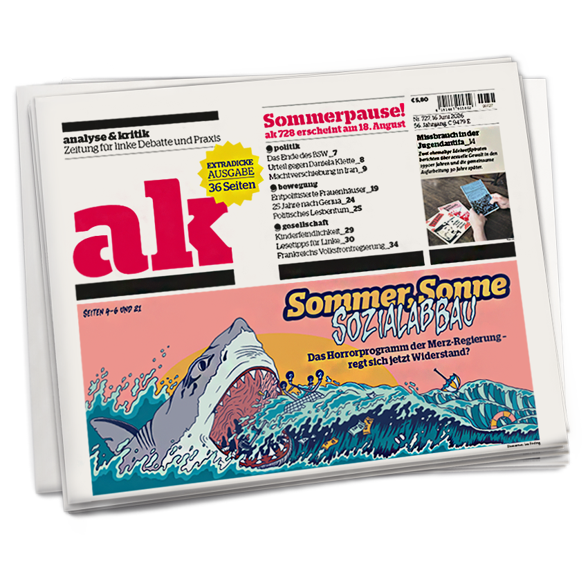 Titelseite von ak 727 mit der Zeichnung eines großen Hais, daneben steht: Sommer, Sonne, Sozialabbau
