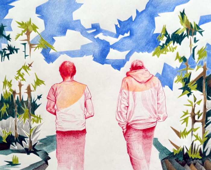 Zeichnung zweier Männer von hinten, die eiinen Weg entlang gehen, darüber Himmel, der aus Bruchstücken besteht, links und rechts abstrakt-scharfkantige Büsche und Sträucher