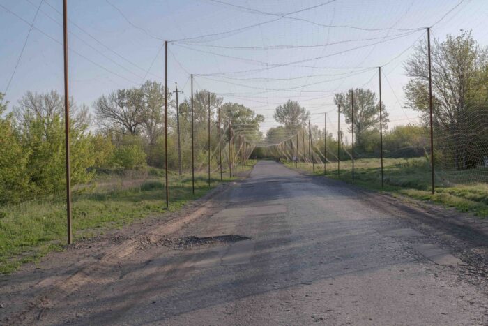 Über eine Landstraße sind Netze gespannt.
