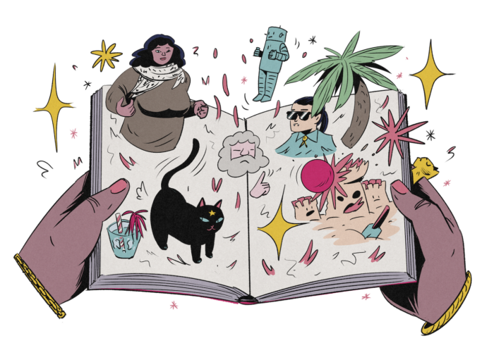 Man sieh eine Illustration mit einem Buch, das in zwei Händen gehalten wird und aus dem verschiedene Motive herauskommen, etwa ein Marx oder eine Palme.