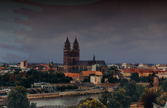 Luftansicht der Stadt Magdeburg, inklusive des Doms