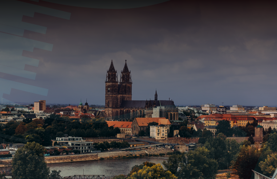 Luftansicht der Stadt Magdeburg, inklusive des Doms