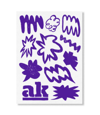 Siebdruck (lila auf weiß) mit Sprech- und Denkblasen und Explosionsgrafiken und ak Logo