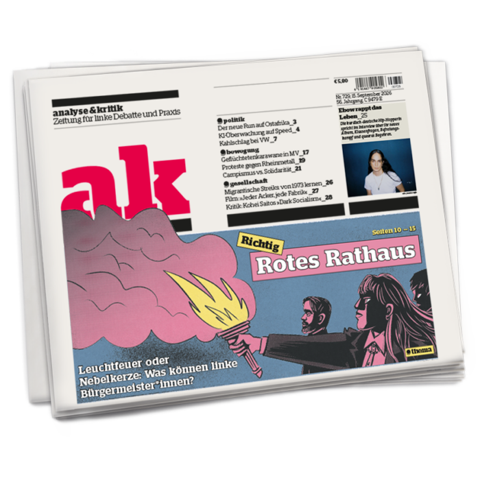 Titelseite von ak 729 mit einer Illustration auf der eine Frau eine Fackel trägt, die roten Rauch verbreitet,d arüber steht: (Richtig) Rotes Rathaus