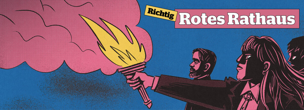 Illustration von einer Frau mit Fackel, vond er roter Rauch aufsteigt, daneben steht: (Richtig) Rotes Rathaus