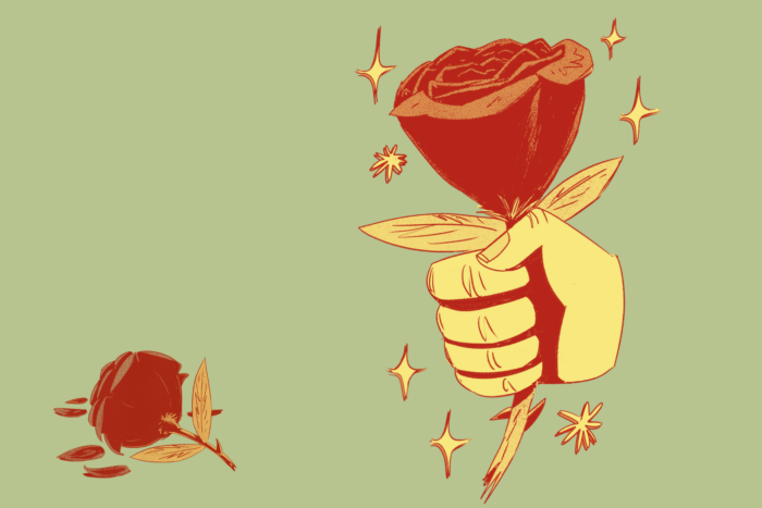 Zeichnung einer Hand, die eine gepflückte Blume hält, im Hintergrund liegt eine rausgerupfte Blume, die Blüten verliert