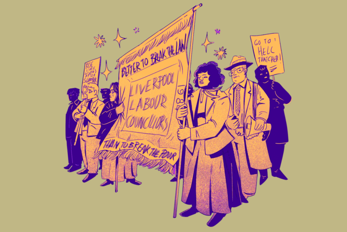 Zeichnung einer Demonstration, die ein Banner hochhält: "Better to break the law than to break the poor. Liverpool Labour Councillors"