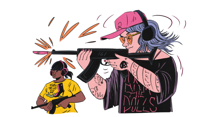 Illustration von zwei bewaffneten Menschen mit Gewehren und Ohrschützern. Die vordere Person schießt mit dem Gewehr.
