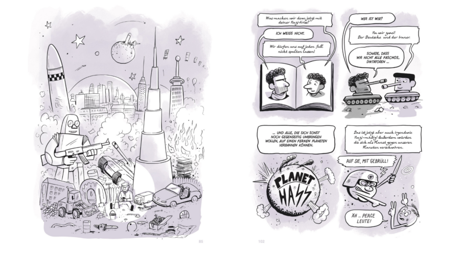 links Comic-Bild einer großen Stadt, im Vordergrund ein großer Turm, rechts ein Comic-Dialog, ob nicht alle Rechten und Autoritären auf einen fremden Planeten verfrachtet werden können